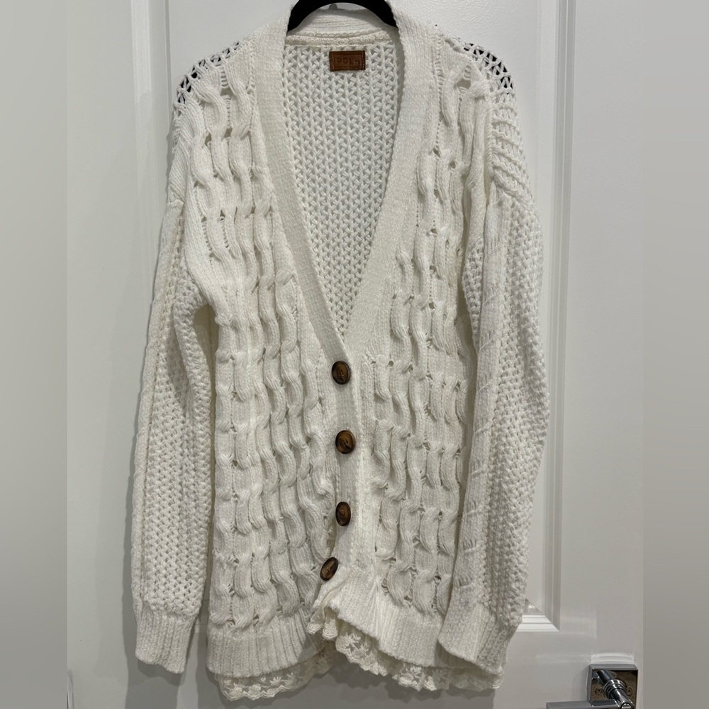 POL White Cable Knit Cardigan with Wooden Buttons
